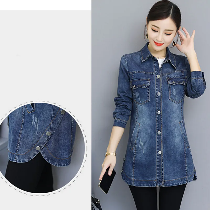 2019 Basic Long Jeans Coats Women Slim Ripped Denim Jacket Femme Elegant Vintage Frayed Jackets Outwear Casacos Feminino Clothes | Женская