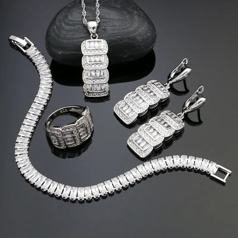 

925 Sterling Silver Bridal Jewelry Sets For Women Wedding Decoration White Crystal Earrings/Pendant/Necklace/Ring/Bracelet Set