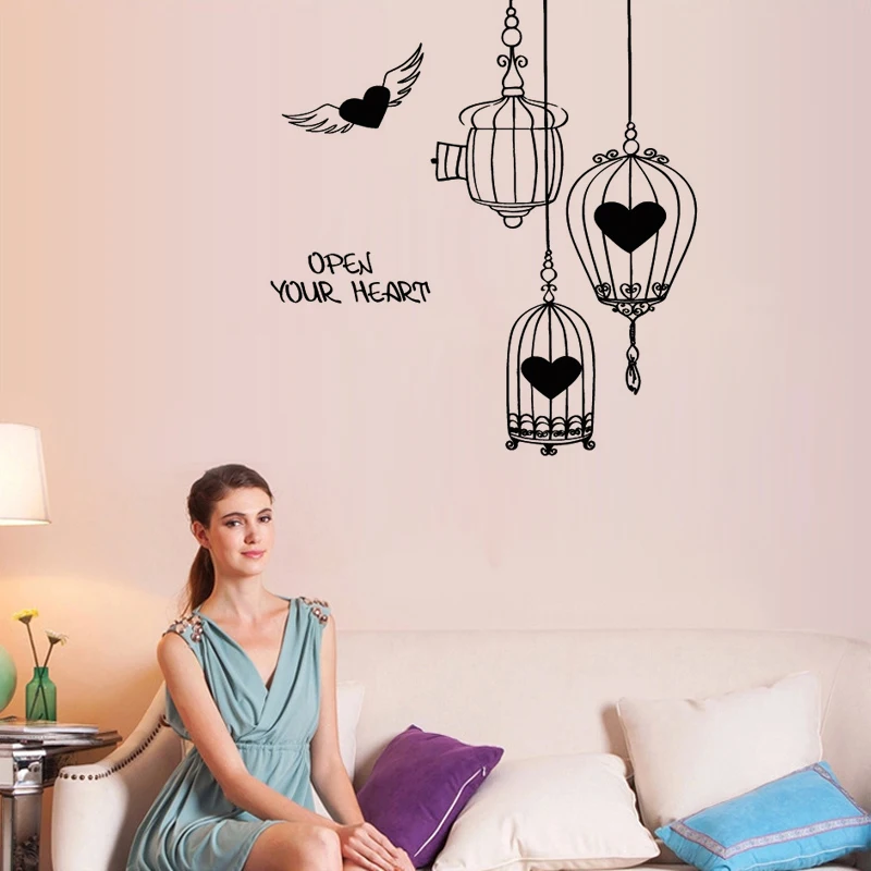

Vinyl Wall Decal Inspiration Love Romance Heart Birdcages Wall Stickers Living room Bedroom Home Decoration DIY Murals JG2668