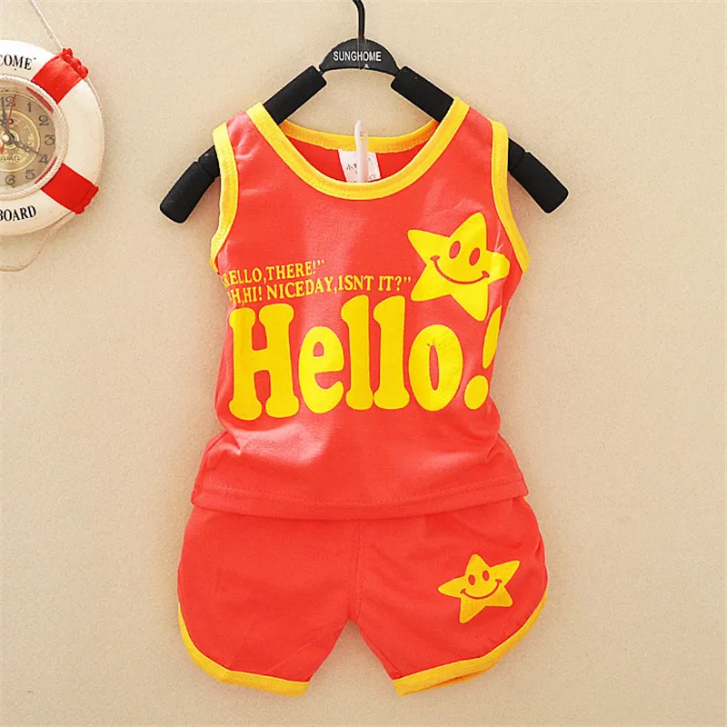 Boys Set Vest+Pants New Cartoon Summer Hello Letter Causal Boy Vest Short Pants Kids Clothes 1-3T Children's Clothing Sets |