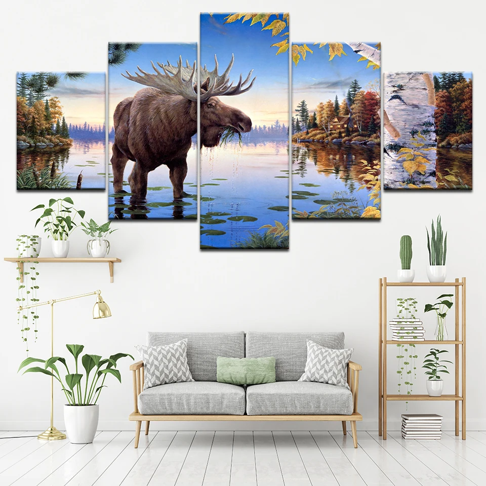 Canvas painting scary cow in the water 5 murals art modular wallpaper poster print for living room home decor | Дом и сад
