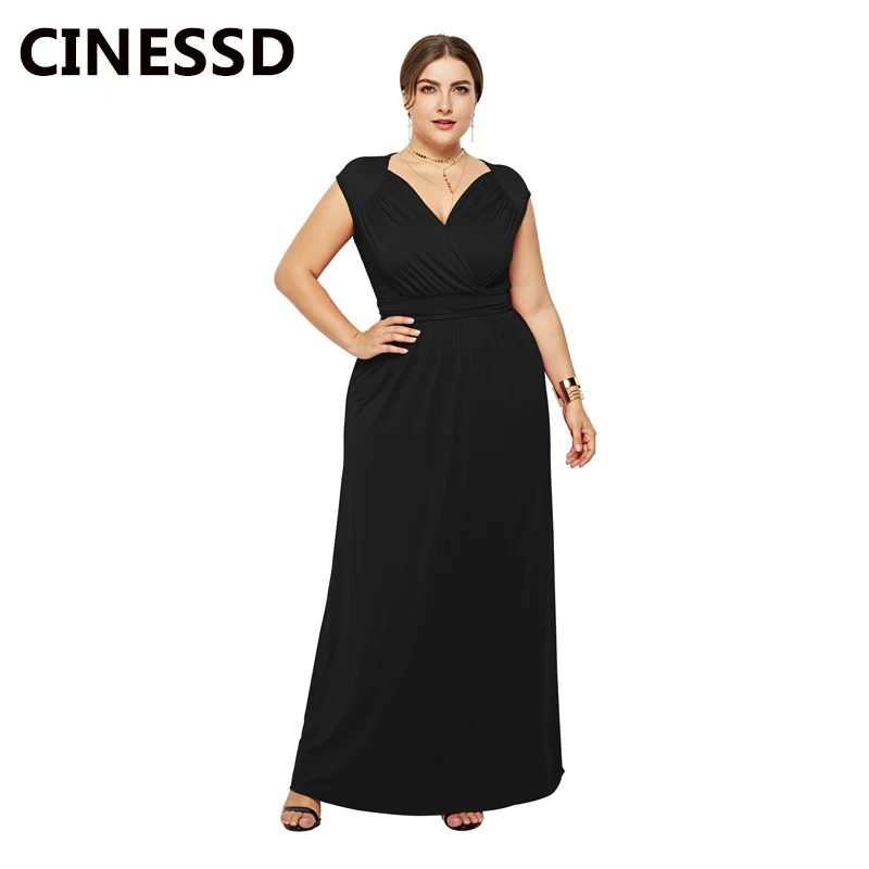 

CINESSD Women Plus Long Dress Sexy V Neck Short Sleeves High Waist Swing Loose A Line Casual Large Size Evening Party Maxi Dress