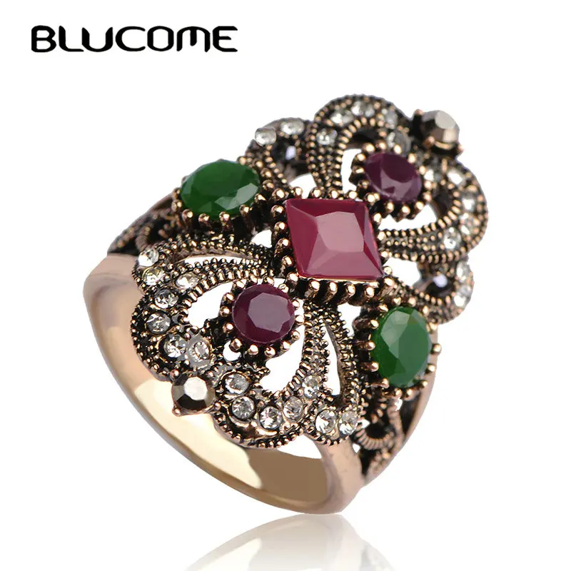 

Blucome Luxury Vintage Flower Rings For Women Party Banquet Antique Turkish Rings Acrylic Anel Brand Finger Bijoux Resin Jewelry
