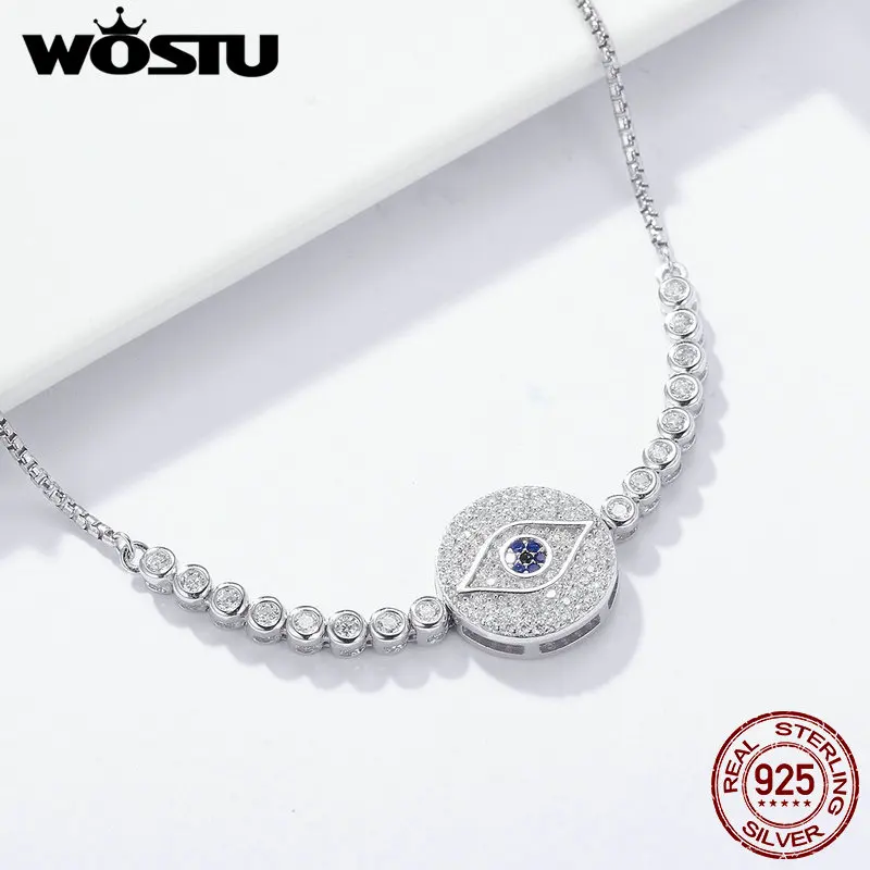 WOSTU 100% стерлингового серебра 925 Лаки круглый голубой глаз Femme звено цепи браслет