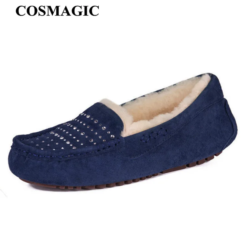 COSMAGIC/Новинка; зимние женские лоферы на овечьем меху на плоской подошве; коллекция года; модные замшевые мокасины без застежки; теплые мягкие водонепроницаемые Мокасины с бантом