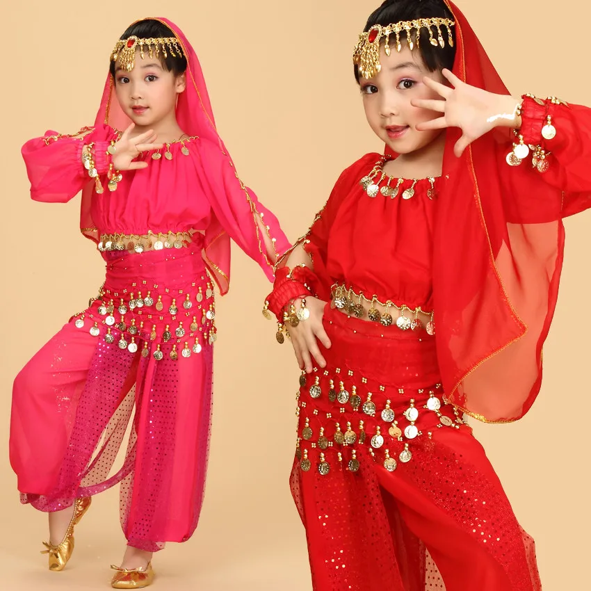 Топ + брюки пояс вуаль брекет головной убор детский костюм для танца живота из 6