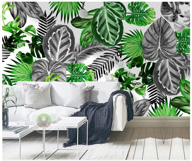 

Custom photo wallpapers 3d murals wallpaper black and white tropical plants, leaves background wall painting wall decoration