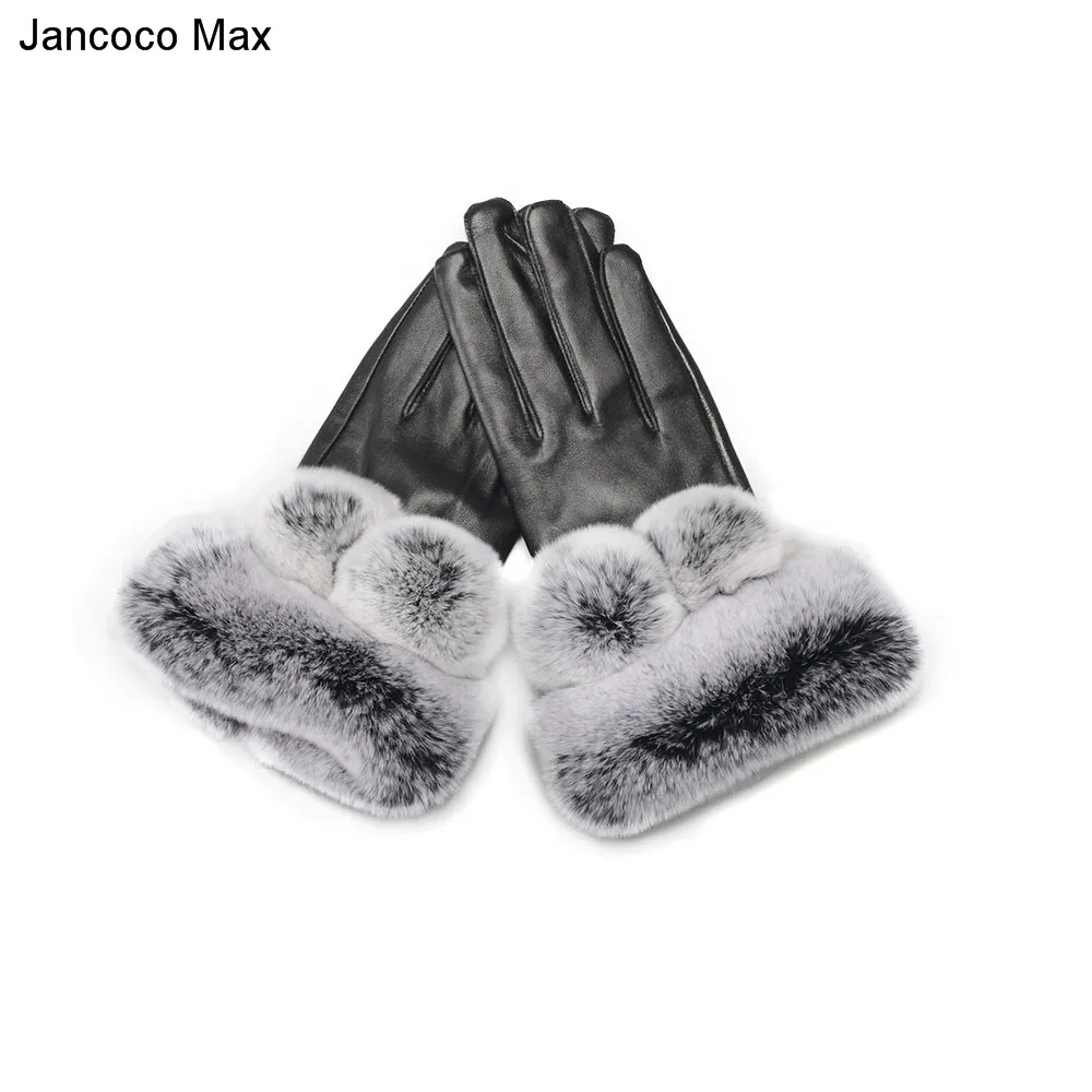 Jancoco Max Прихватки для мангала для женщин сенсорный экран Зимние теплые из натуральной овечьей кожи Rex помпоны из кроличьего меха S2035