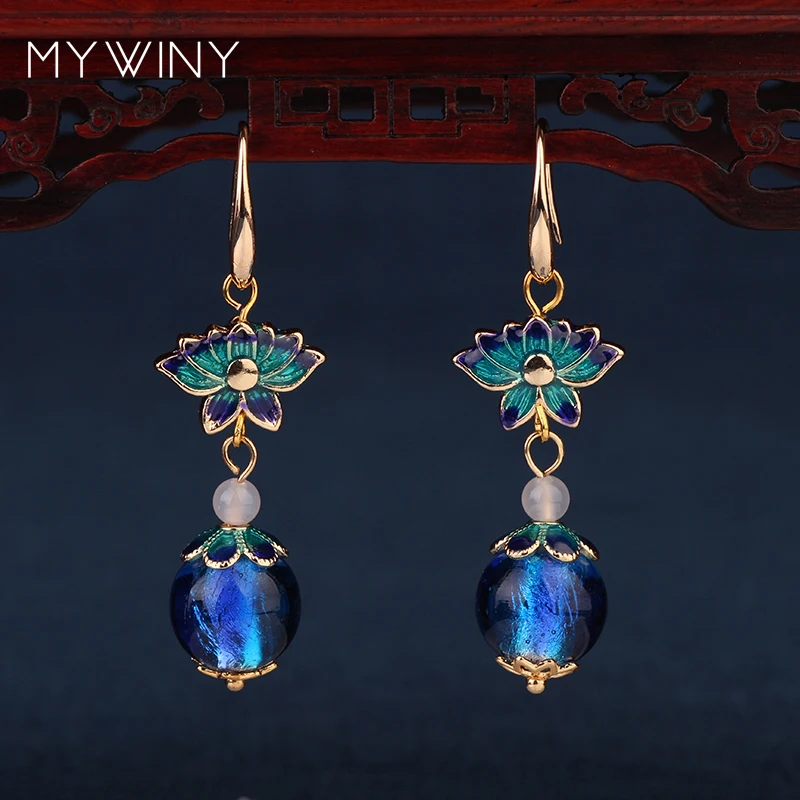 MYWINY новые модные ювелирные изделия медные ювелирные изделия Перегородчатые цветы серьги для женщин, китайский ветер глазированное Стекло Серьги