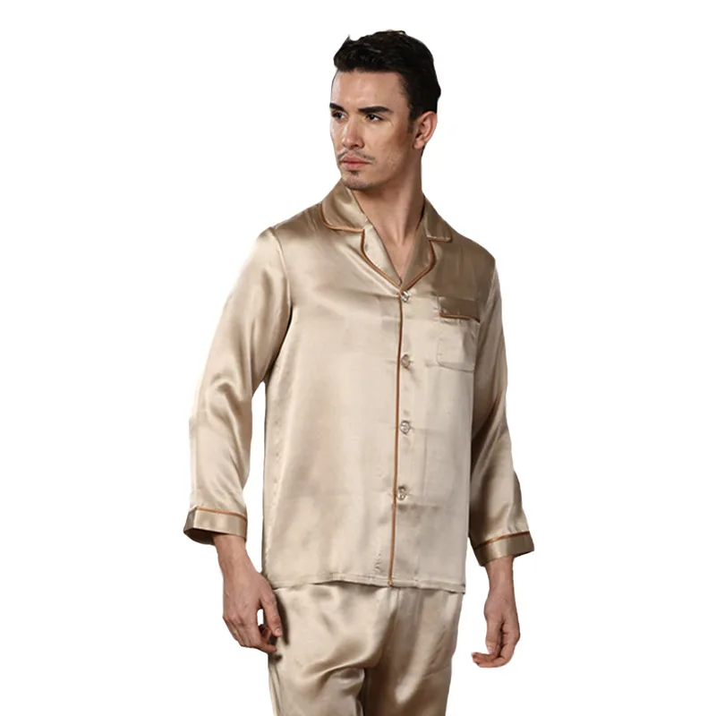 Genuine Silk Pajamas Man Two-Piece Sets 100% Silkworm Silk Sleepwear Male Comfortable Home Wear 16195