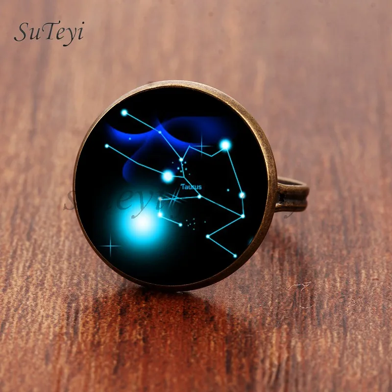 SUTEYI Ретро 12 кольцо созвездия DIY Овен, Телец Стрелец Gemimi Кристалл Кольца круглая картина под стеклом подарок ювелирные изделия