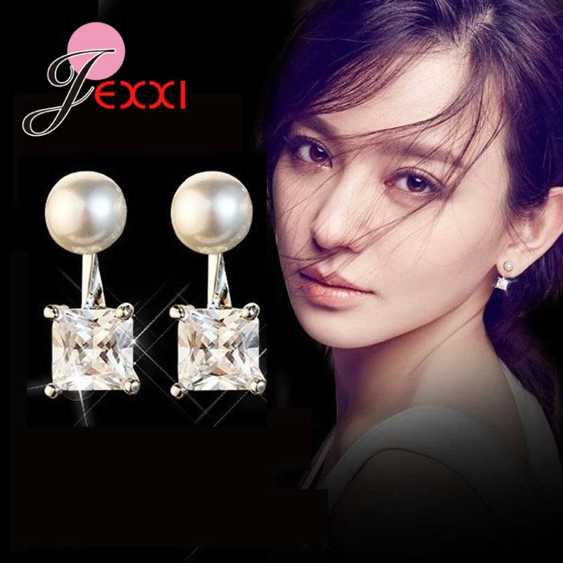 Modern Shiny Pearl Earrings 925 Sterling Silver Square Shape Pendant Cubic Zircon Wemen Girl's Birthday Gift