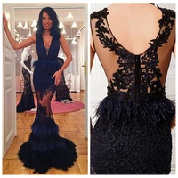elegant dark navy mermaid lace prom dresses sexy vestidos de festa customized long women evening party gowns feather tiered