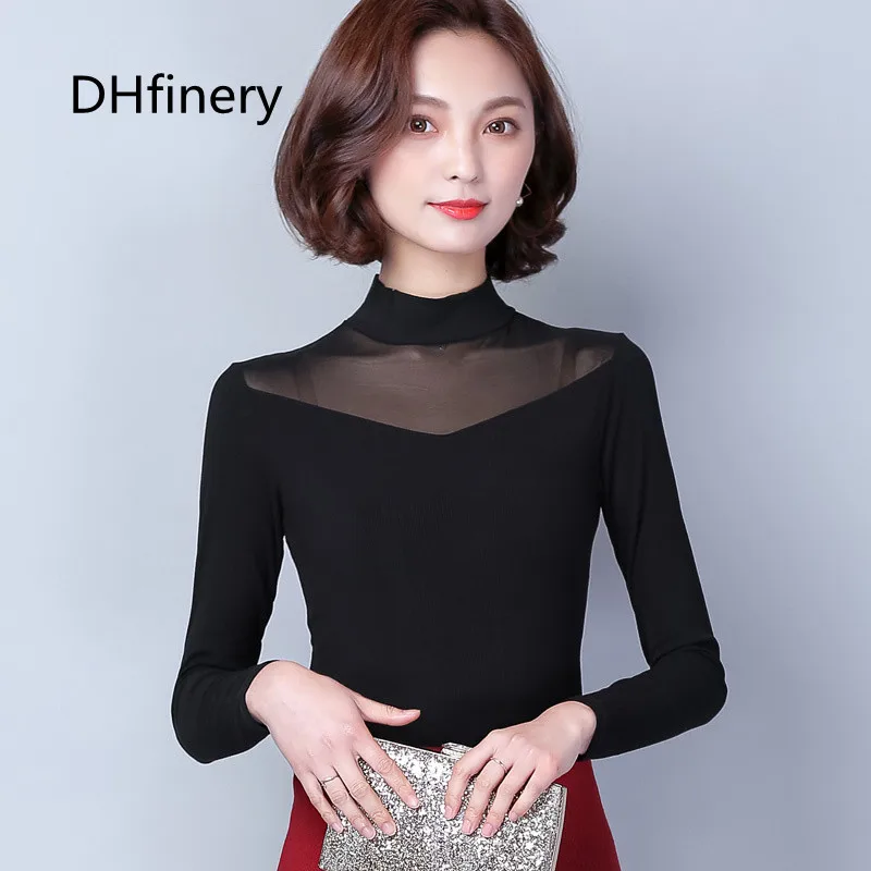 

DHfinery mesh lace top women autumn winter long-sleeve stand collar modal perspect shirt black warm tshirt plus size S-3xl 1802