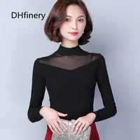 dhfinery mesh lace top women autumn winter long sleeve stand collar modal perspect shirt black warm tshirt plus size s 3xl 1802