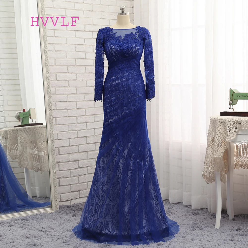 Ярко-синие вечерние платья русалки одежда с длинным рукавом из кружева и тюля