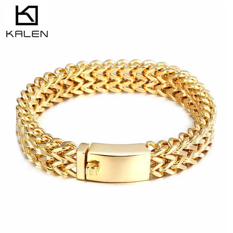 Gold 12mm Kalen Новая Мода 316 нержавеющая сталь звенья цепи браслеты полированный сетчатый Браслет мужские оптовые ювелирные аксессуары - Окраска металла: Gold 12mm