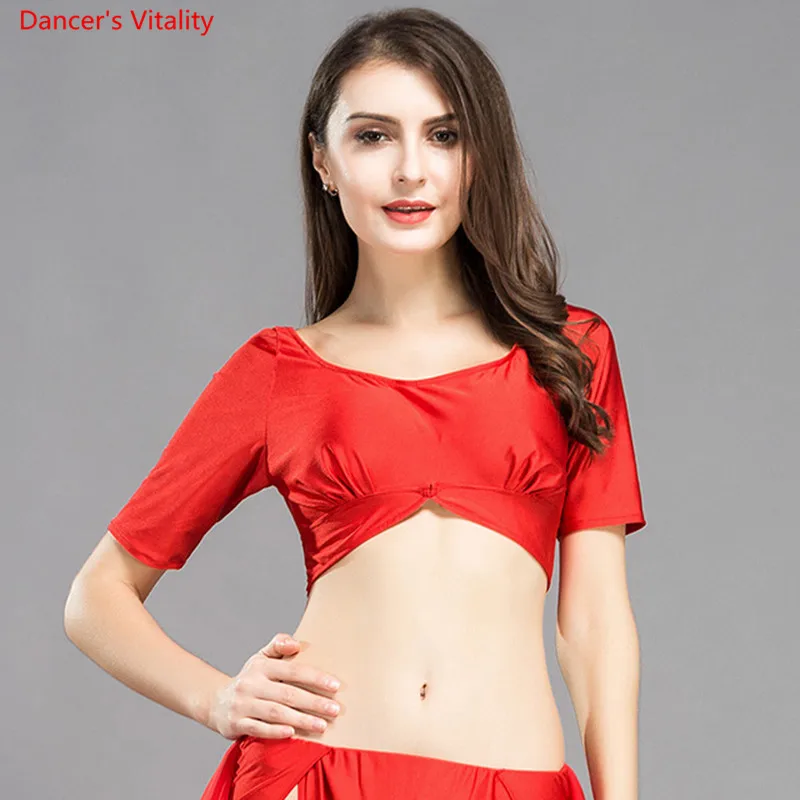 2018 New Belly Dance Top Spandex Half Sleeves Tees Round Neck Jacket 6 Colors Purple Blue Black White Red | Тематическая одежда и