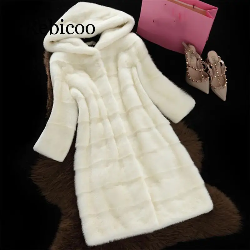 

2019 winter women's new long section fake fox fur hooded jacket female imitation mink jacket leather ladies warm artificial clot