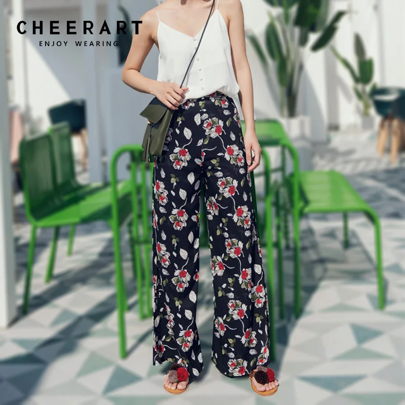 Пляжные брюки Cheerart женские летние широкие с цветочным принтом пляжные высокой