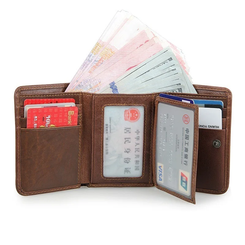 

Мужской тонкий кошелек из натуральной кожи с технологией RFID, кошелек тройного сложения с карманом для монет, мужской кредитный кошелек