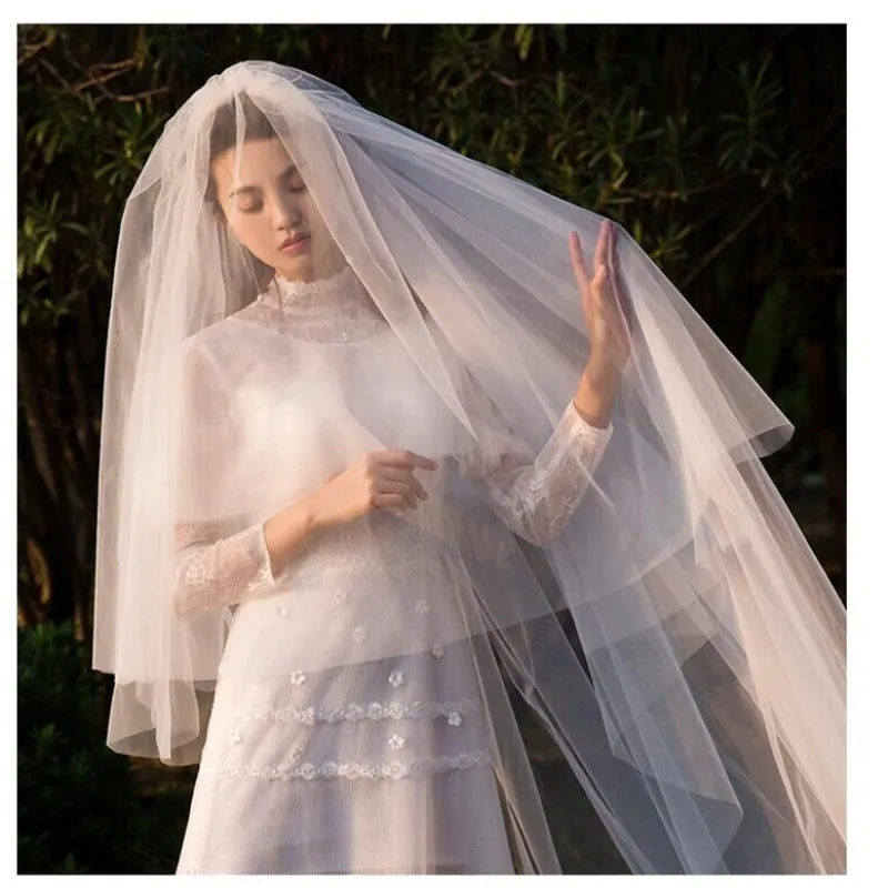 

SHAMAI White Ivory Wedding Veil Without Comb Cut Edge Two Layer Cathedral Veils Wedding Accessories Velo