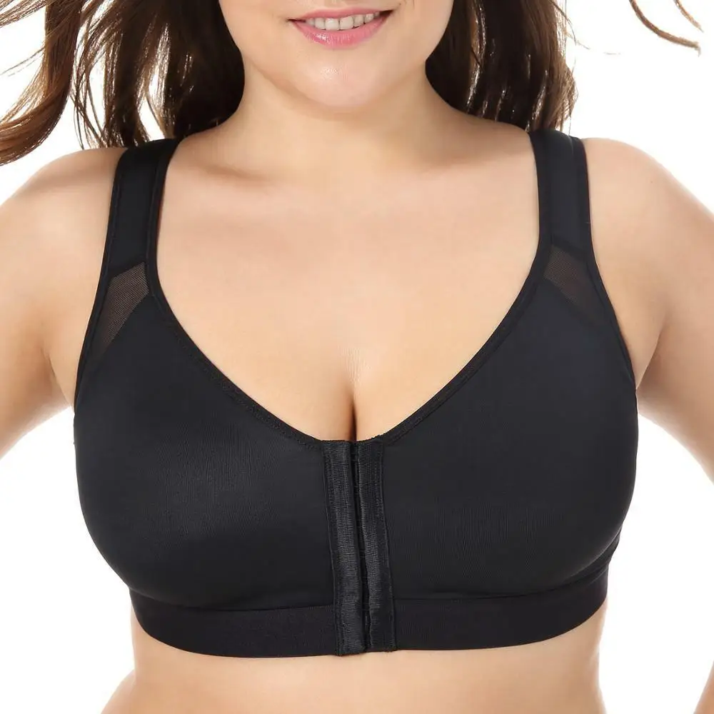 

Women sports Bra Full Coverage Front Closure Wire Free Back plus size solid color black nude adjusted straps push up bra