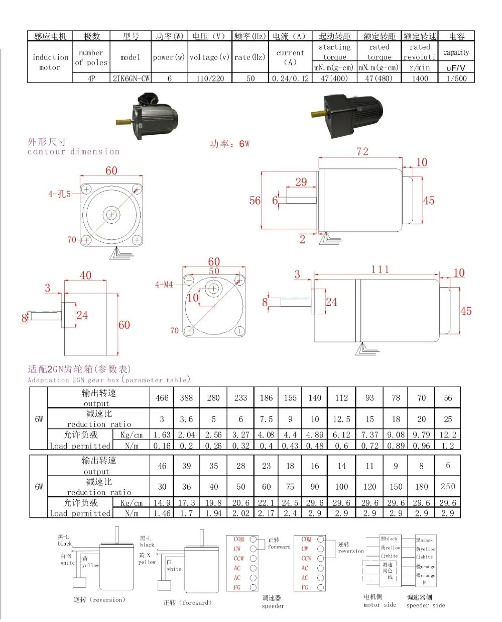 AC 220V однофазный мотор-редуктор, 6W AC Регулируемая скорость двигателя с коробкой передач