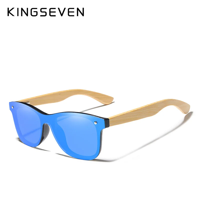 Blue Bamboo KINGSEVEN брендовые бамбуковые дужки, поляризационные солнцезащитные очки, мужские классические квадратные очки, модные ретро женские солнцезащитные очки, логотип на заказ - Цвет линз: Blue Bamboo