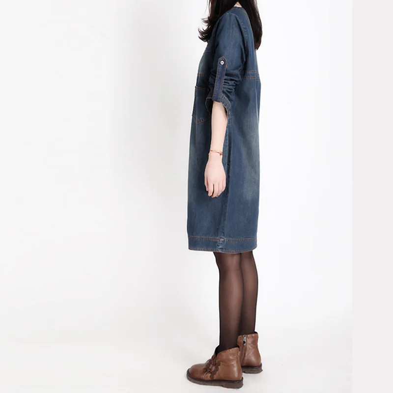 Женское джинсовое платье с длинным рукавом белое пляжное большого размера в