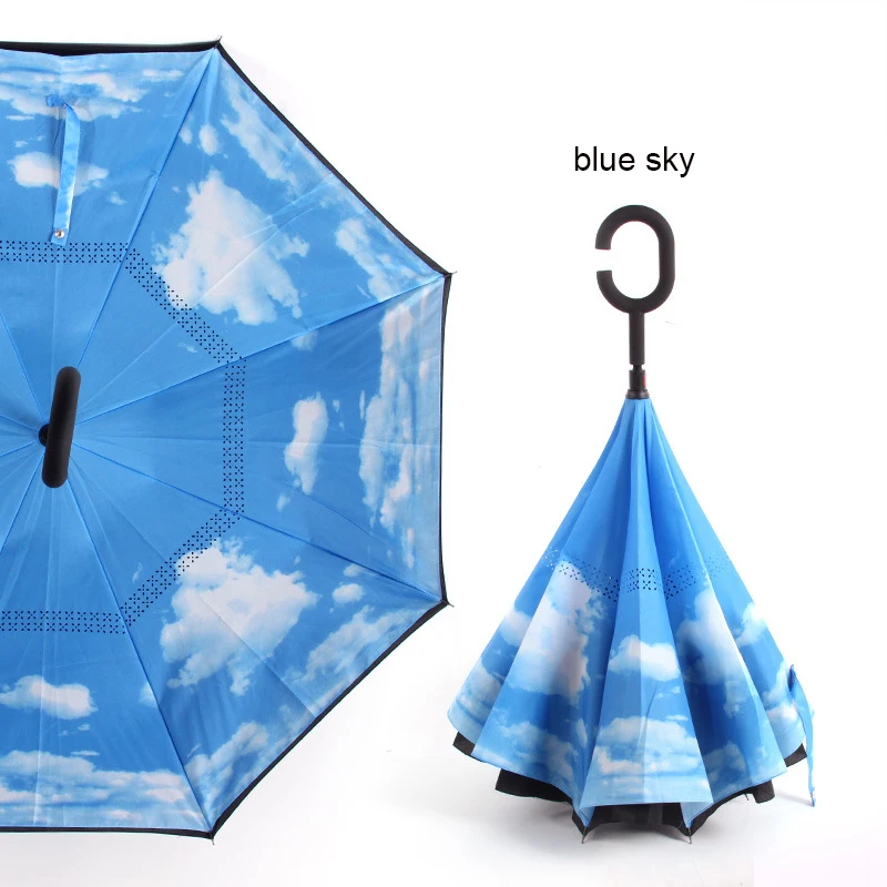 blue sky Звездное небо анти УФ перевернутый зонтик обратный Ветрозащитный складной двойной слой Зонты стенд внутри солнечный и дождливый мужчины и женщины - Цвет: blue sky