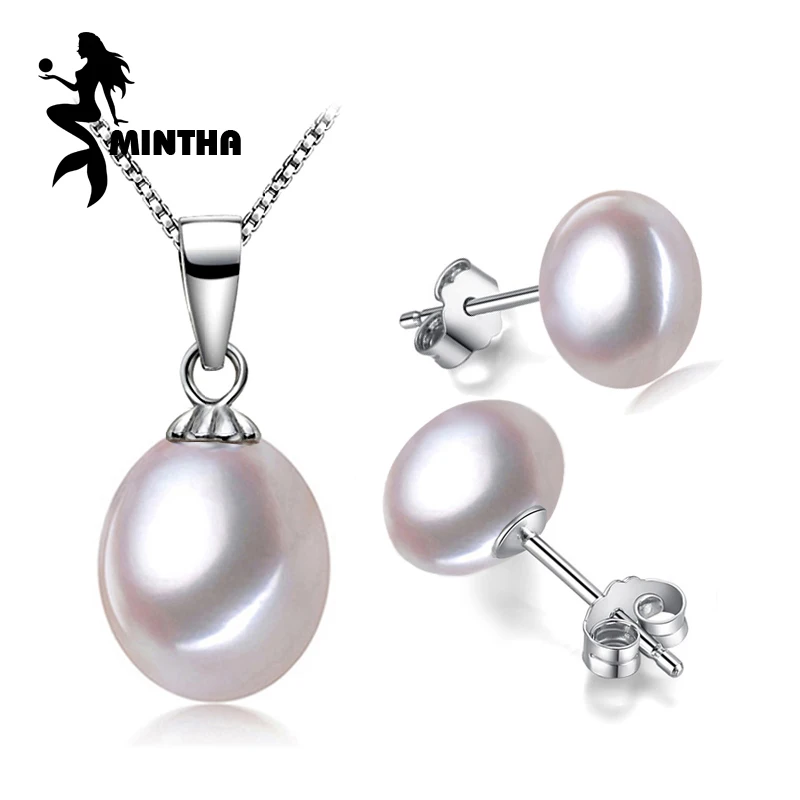 MINTHA, 925 пробы, серебряные ювелирные наборы из натурального жемчуга для женщин, классические серьги-гвоздики, подвеска, цепочка, ожерелье с ювелирной коробкой