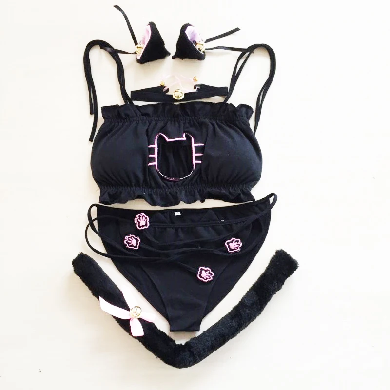 Black set Косплей Аниме бюстгальтер с оборками короткий набор мультфильм милый Лолита воротник пирсинг каваи девушка сексуальное белье вышитый кот следы - Цвет: Black set