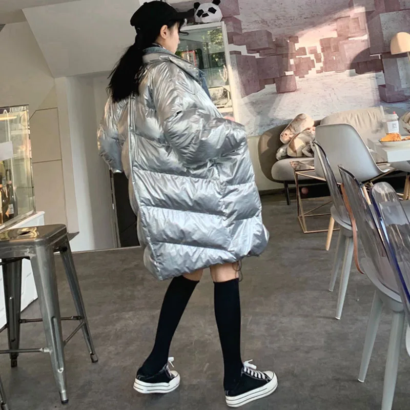 Теплая Глянцевая Серебристая черная парка для женщин Harajuku BF Свободная куртка ветровка пальто Зимняя утепленная Глянцевая пуховая парка для женщин