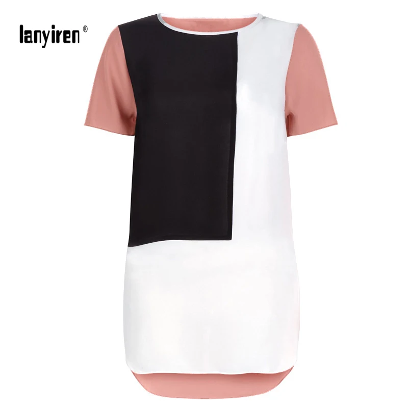 Lanyiren 2017 Лето С Коротким Рукавом Шифон Pacthwork Шею Мода Большой Размер Футболки XXXXL 6XL