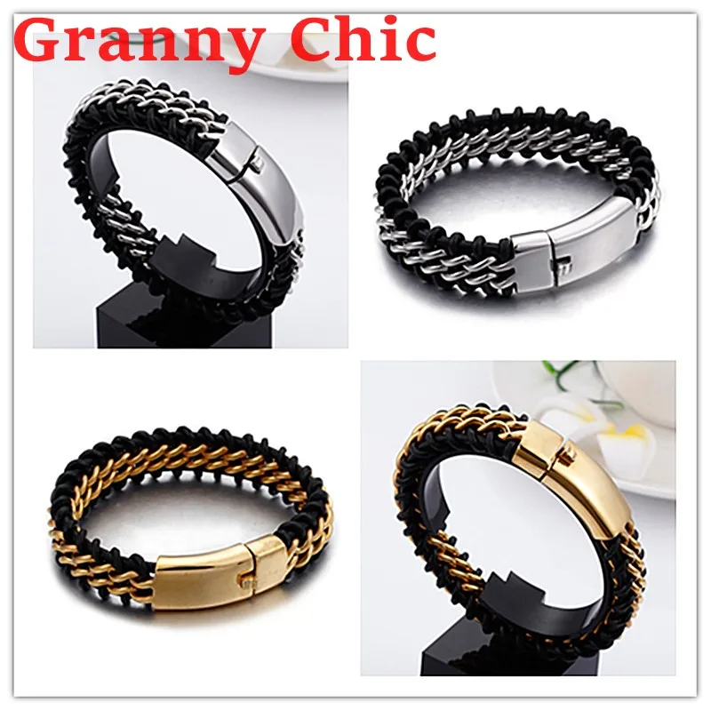 

Granny Chic Fashion 8.66" 18MM Men's Braided Leather Bracelets Stainless Steel Charm Silver Gold color Bracelet Punk Accessories