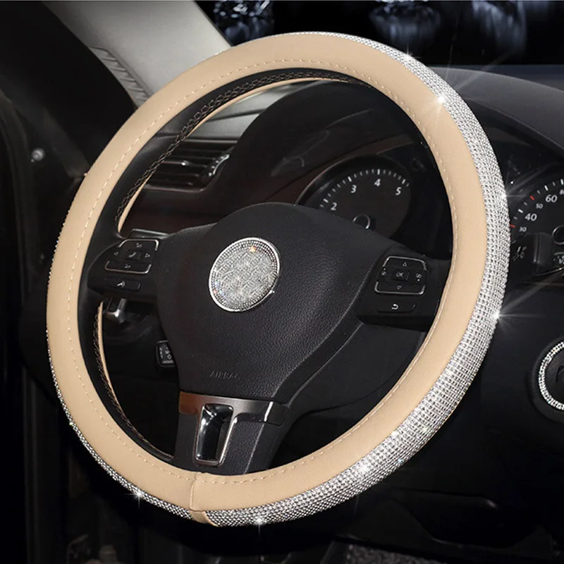 beige wheel cover Стразы, кожаный чехол на руль для автомобиля, крышка на руль, Хрустальный чехол, авто аксессуары для интерьера для женщин и девушек - Название цвета: beige wheel cover