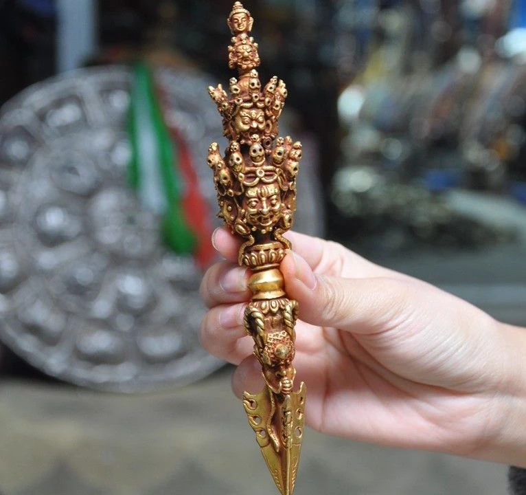 Старинный Тибетский Бронзовый 24К золотой позолоченный буддизм Дордже Phurpa пестик