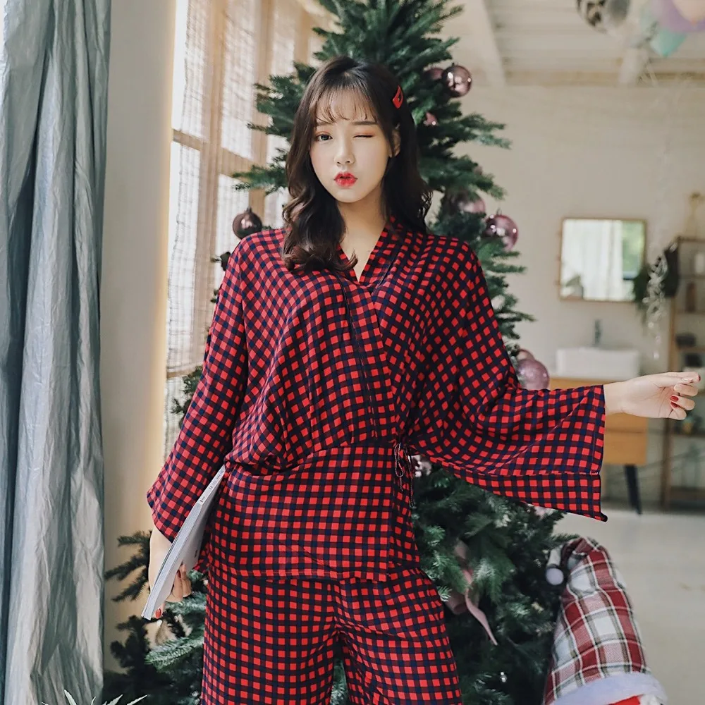 JRMISSLI женские хлопковые кимоно пижамы Mujer Pijama наборы Дамская Милая клетчатая