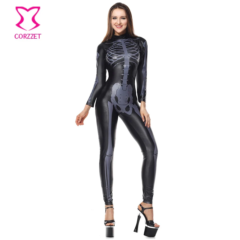 Черный винил с длинным рукавом страшный призрак костюмы зомби комбинезон скелет