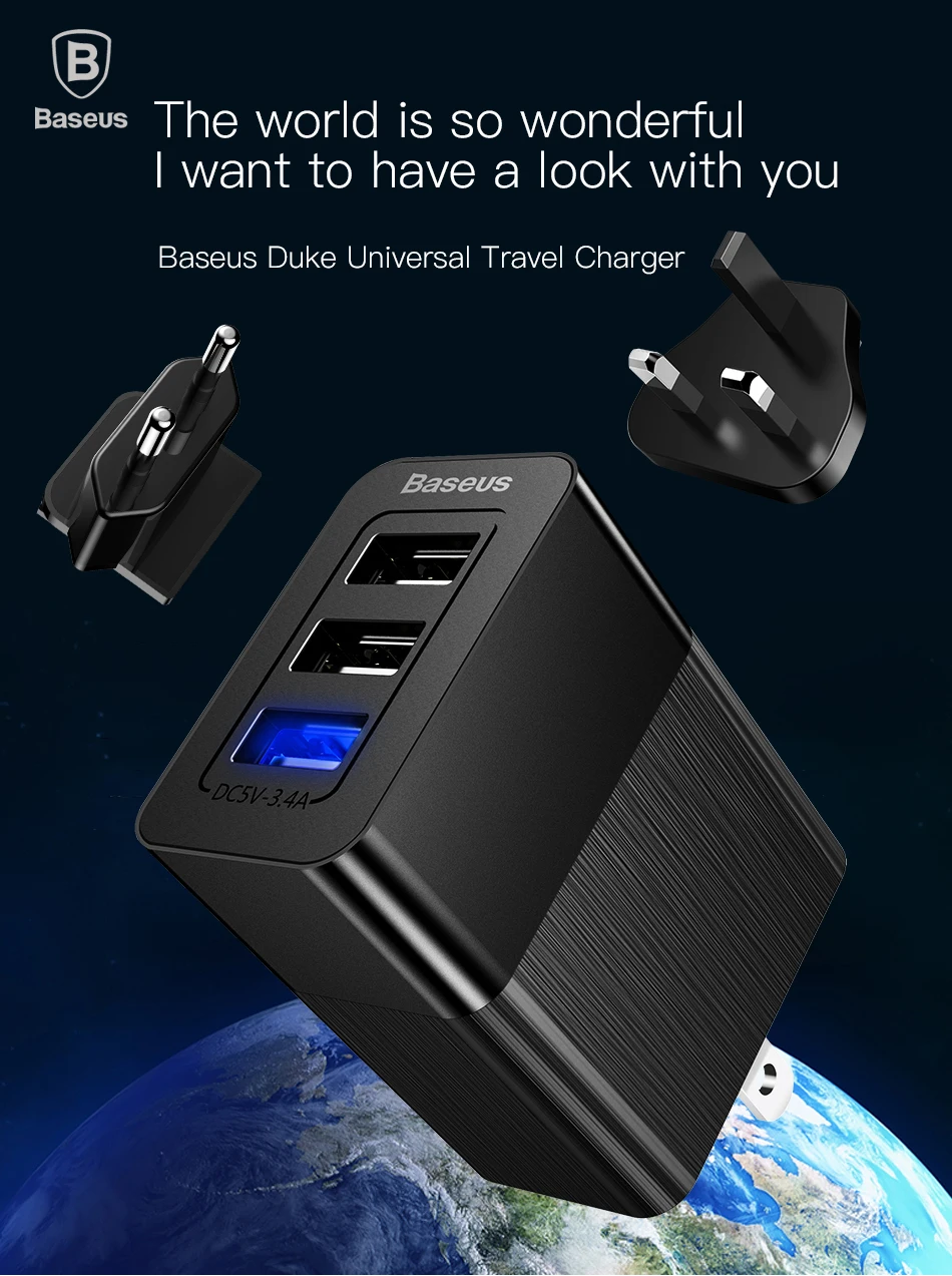 Baseus 3 порта USB зарядное устройство 3 в 1 EU US UK вилка 2.4A Быстрая зарядка зарядное устройство дорожное настенное зарядное устройство адаптер для iPhone samsung Xiaomi