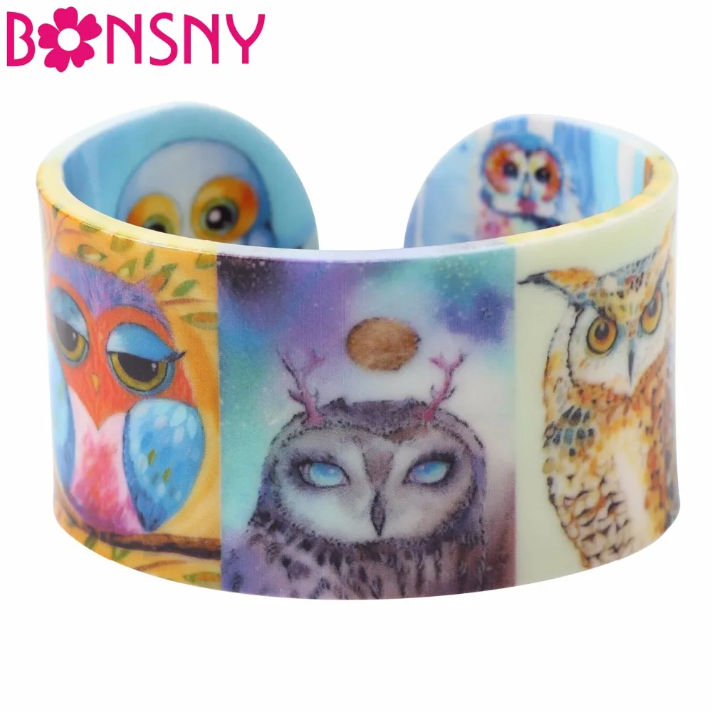 Bonsny Acrylic Design Love Wide Owl Bangles Bracelet Jewelry For Women 2017 New Animal Bangle Gift Girls Bijoux | Украшения и