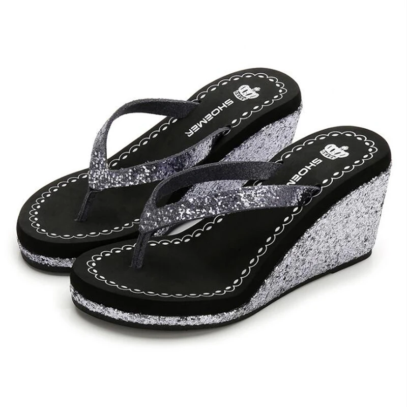 Женские летние сандалии на платформе пляжные с блестками шлепанцы массивной
