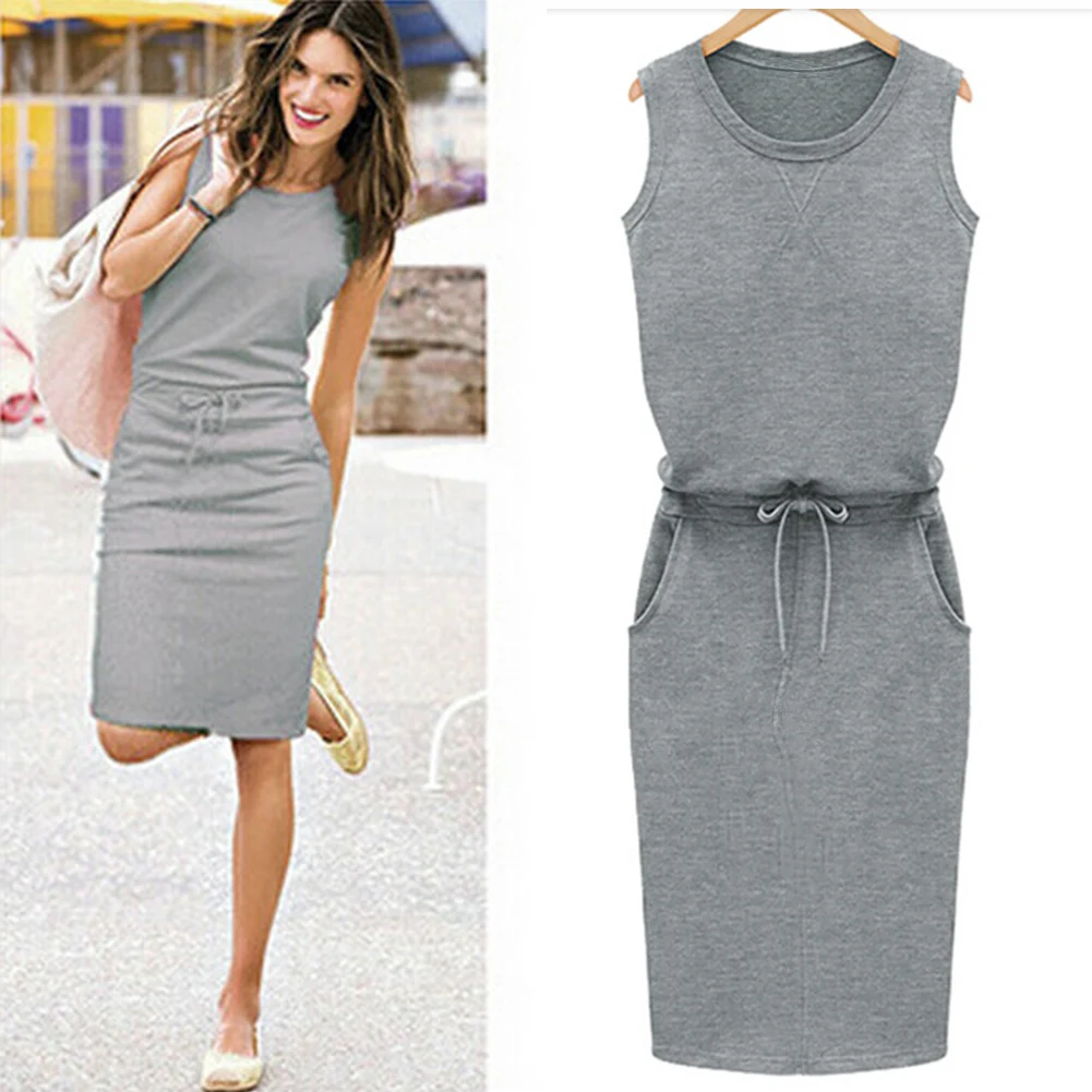 Хлопковое льняное платье 2019 летнее модное женское без рукавов с поясом и круглым