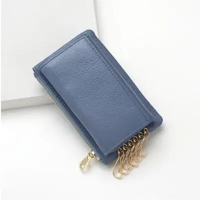 blue Женский кошелек для ключей из натуральной кожи, однотонный ключ на молнии, ключница для ключей, чехол-органайзер, Женский держатель для ключей, сумка - Цвет: blue