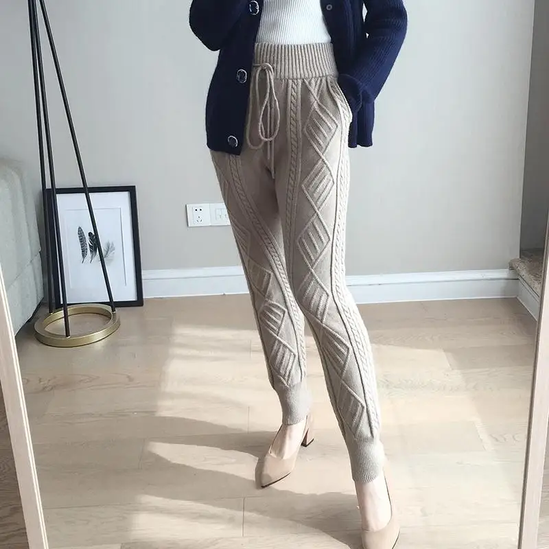 

2018 Time-limited Casual Regular None New Women Cashmere Pants Knit Straight High Waist Thick Elastic Diamond Shaped Trousers