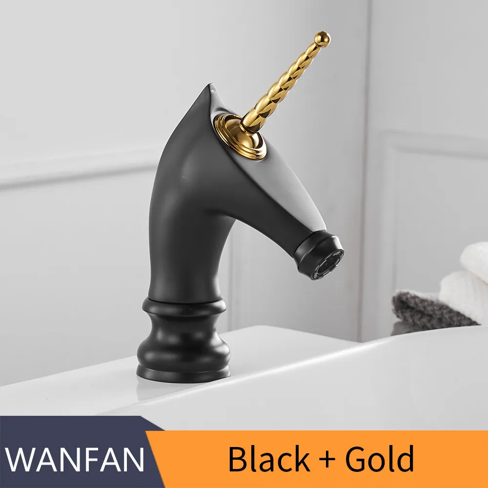 Black And Gold Смеситель для раковины, уникальный модный кран для ванной комнаты с лошадиной головкой, золотой Латунный бортике, одинарная длинная ручка, смеситель для туалета 855753 - Цвет: Black And Gold