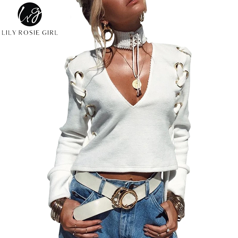 Женская трикотажная рубашка Lily Rosie белая блузка с треугольным вырезом и ушками на