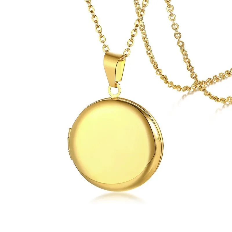 Gold Color Vnox персонализировать круглый медальон, ожерелье для женщин из нержавеющей стали фоторамка подвески гравировка имя уникальный подарок на день Святого Валентина - Metal Color: Gold Color