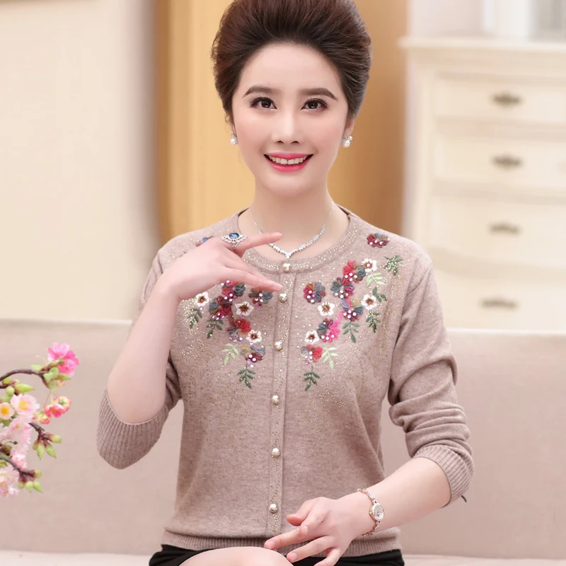 

Свитера и пуловеры для женщин среднего возраста весна-осень с длинными рукавами и круглым вырезом Свободный Повседневный шерстяной свитер ...